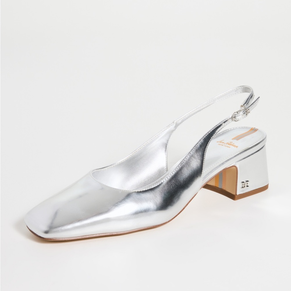 Silver Slingback Block Heel Shoes